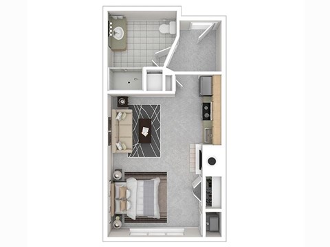 A floor plan of a small apartment with a kitchen, living room, and bathroom.